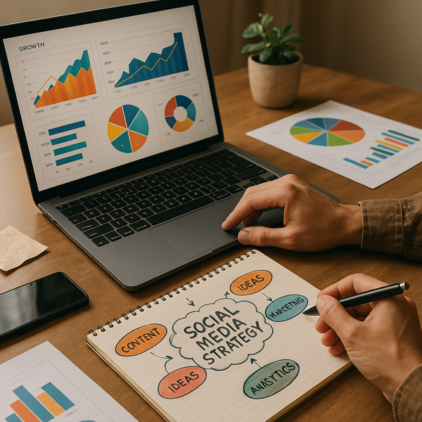 Illustrazione di grafici dati e icone IA che guidano una strategia di crescita social