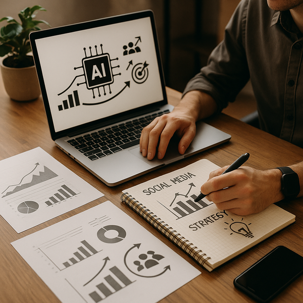 Futuristic AI dashboard with social media analytics and growth charts