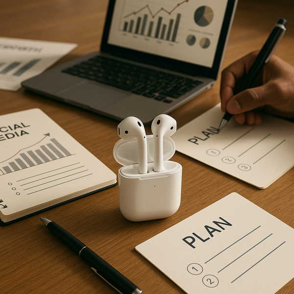 Close-up of AirPods alongside a smartphone displaying a deals page