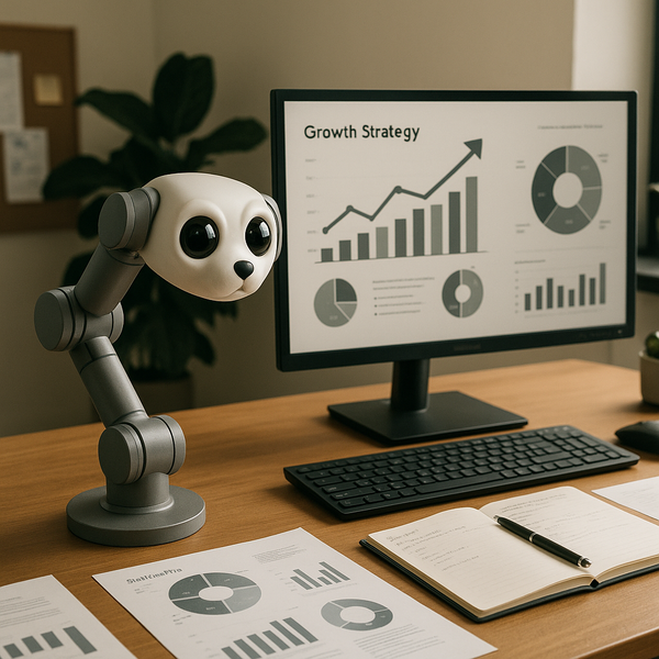 Ilustrație a brațului robotic Lenovo cu ochi de cățeluș pe birou AI desktop