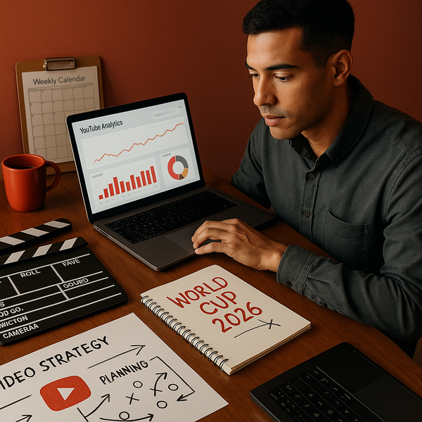 Stadio di calcio globale con branding YouTube e atmosfera Coppa del Mondo 2026