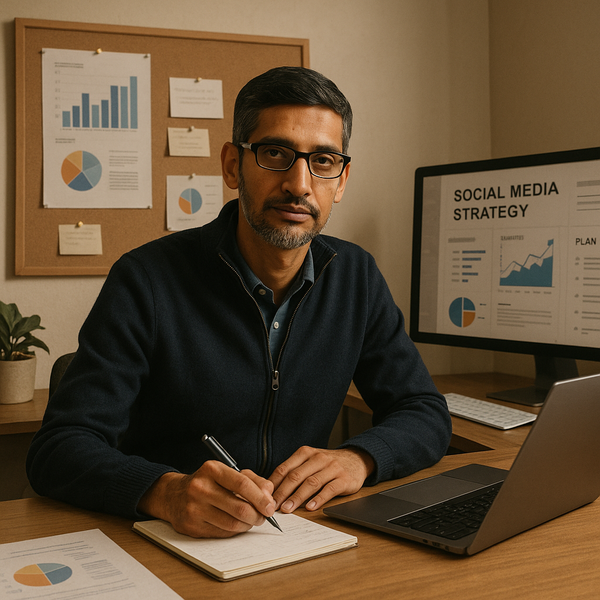 Panoramica esecutiva di un consiglio aziendale con ritratto di Sundar Pichai e un grafico di crescita