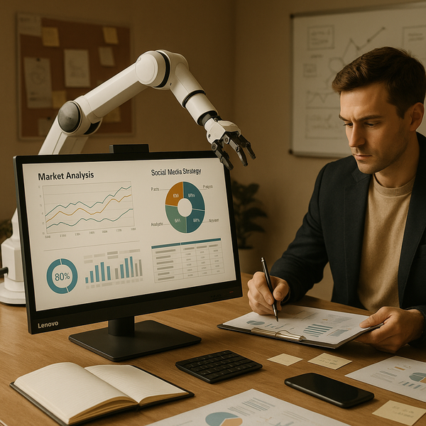 Khái niệm Lenovo AI để bàn với cánh tay robot và giao diện người dùng tương tác