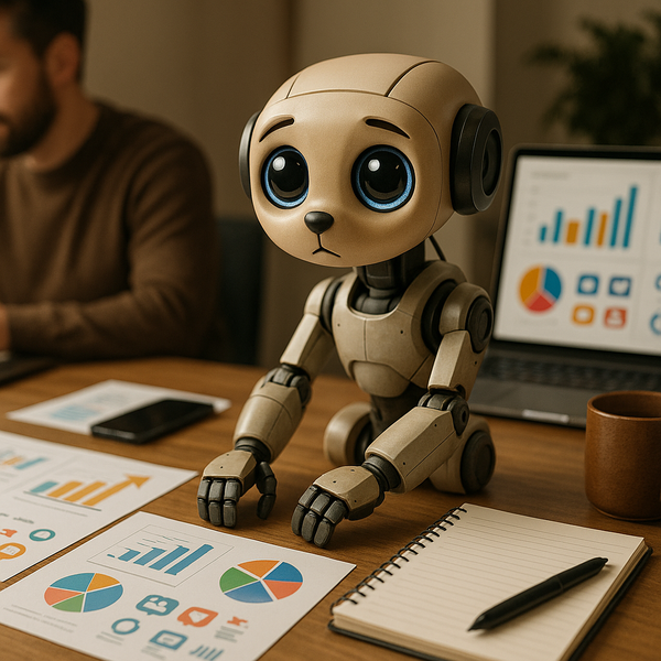 로봇 팔과 강아지 같은 눈을 가진 데스크탑 AI 콘셉트의 미래 지향적 모습