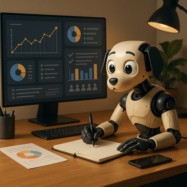 Robotarm som vinker ved siden av en klokke og en datorskjerm i et moderne kontormiljø