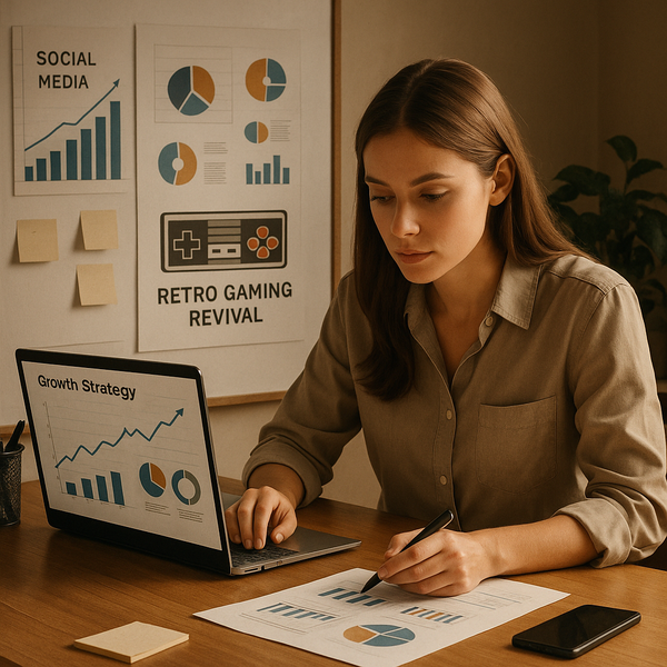 Retro gaming console collage with growth charts and ModRetro branding