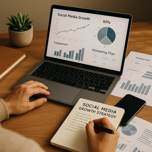 Close-up of a MacBook Air with a promotional graphic