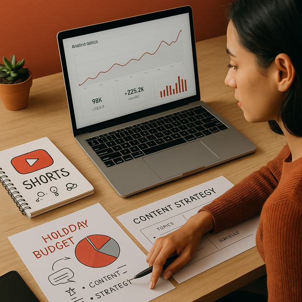 Brand marketer reviewing YouTube Shorts performance charts on a laptop during holiday planning