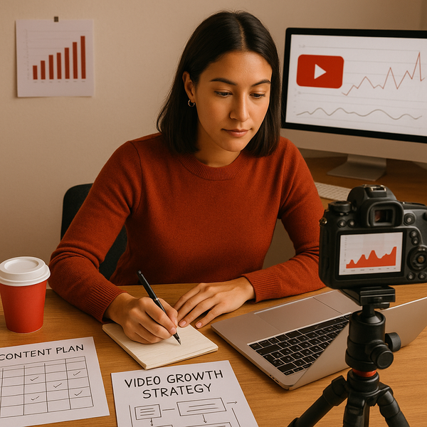 Profissional de marketing analisando gráficos de desempenho do YouTube Shorts em um laptop durante o planejamento de fim de ano