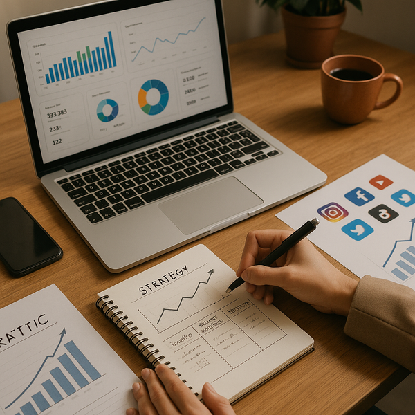 Dashboard view showing AI policy updates and social media growth metrics