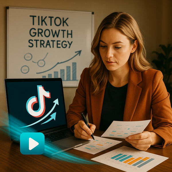 Businesswoman giving a presentation about TikTok strategy on a digital screen