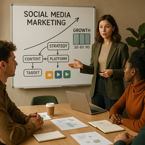 Ilustracja zarządzania treścią w mediach społecznościowych z elementami AI i compliance