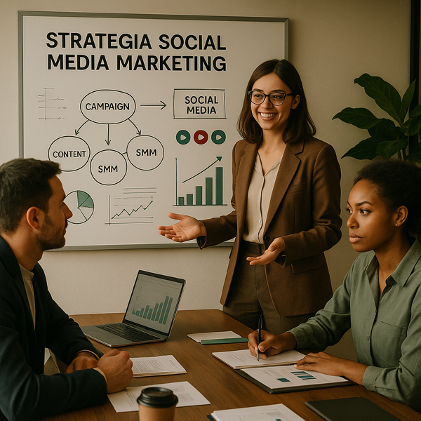 Immagine che rappresenta una strategia di marketing sui social con pannelli e grafici
