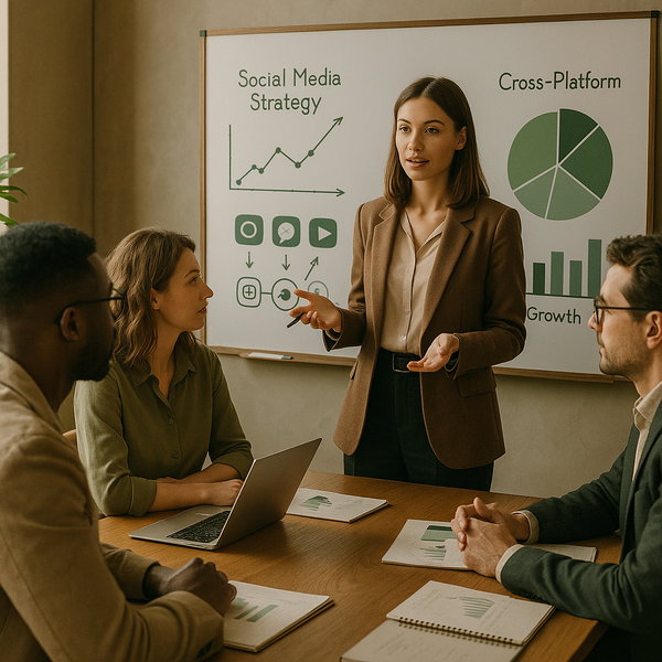 Rappresentazione grafica di una strategia di social media marketing integrata con IA