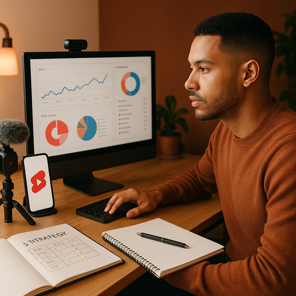 Marketeer bekijkt YouTube Shorts-prestaties op een laptop tijdens de feestdagenplanning