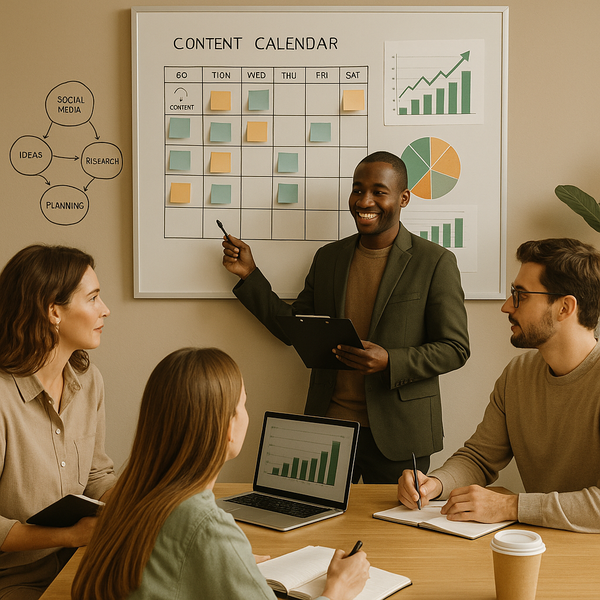 Equipe de marketing analisando um painel de calendário de conteúdo com programação e colaboração