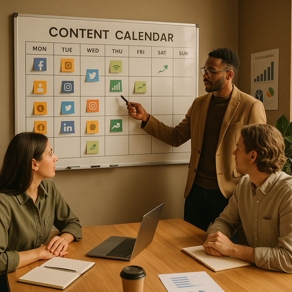 İçerik takvimi panelini inceleyen pazarlama ekibi, planlama ve onay akışlarını değerlendiriyor