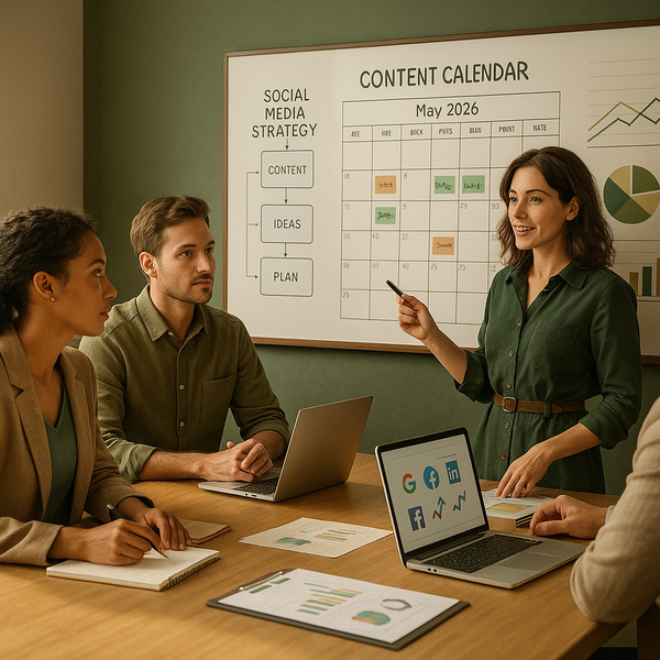 Marketing team reviewing a content calendar dashboard with scheduling and collaboration features