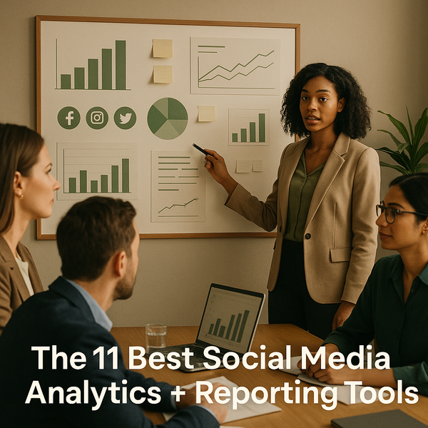 Dashboard screens showing social media analytics and reporting metrics across multiple platforms