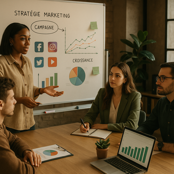 Analyste consultant un tableau de bord de rapport réseaux sociaux avec graphiques, KPI et données de performance de campagne