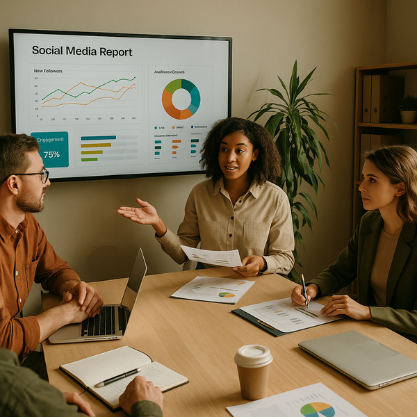 Analista revisando un panel de informe de redes sociales con gráficas, KPI y datos de rendimiento de campañas