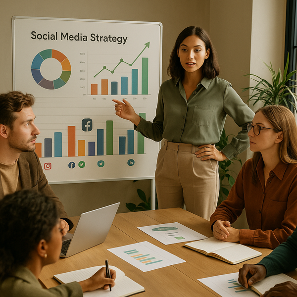 Analista revisando um relatório de redes sociais em dashboard com gráficos, KPIs e dados de desempenho de campanhas