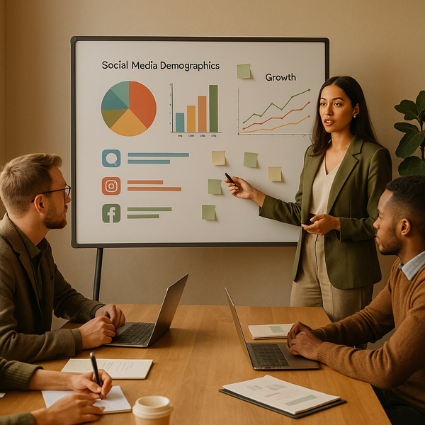 Analista a rever gráficos de demografia das redes sociais do Reino Unido num portátil com ícones das plataformas para planeamento de estratégia em 2026