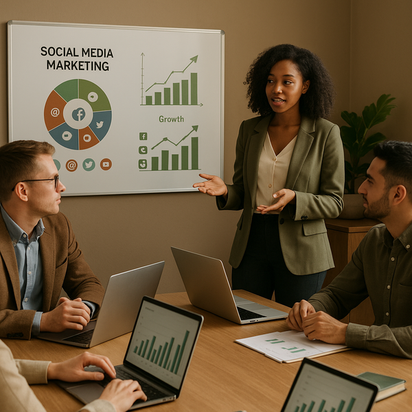 Illustration of a creator dashboard with open social web distribution channels and content analytics