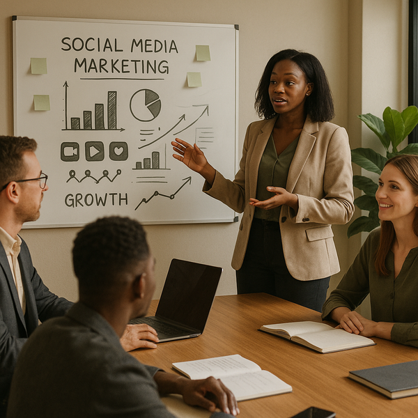 Ilustração de um painel de criador com canais abertos de distribuição no social web e métricas de conteúdo