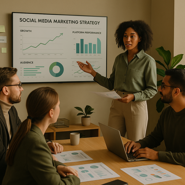 Analyst reviewing a social media report dashboard with charts, KPIs, and campaign performance data