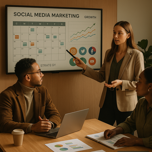 Team marketing che analizza una dashboard di calendario editoriale con funzioni di pianificazione, approvazione e collaborazione