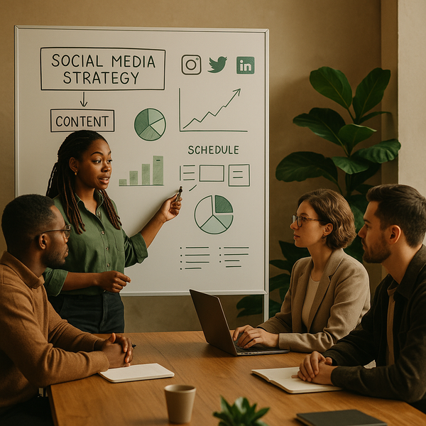 Neurodivergente creator plant een social media marketing strategie met notities, agenda en telefoon op een bureau