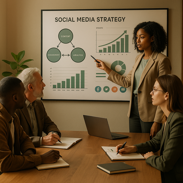 Analist bekijkt een social media-rapport dashboard met grafieken, KPI's en campagneprestaties