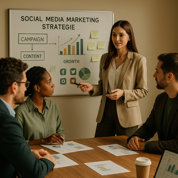 Analystin prüft ein Social-Media-Report-Dashboard mit Charts, KPIs und Kampagnen-Performance