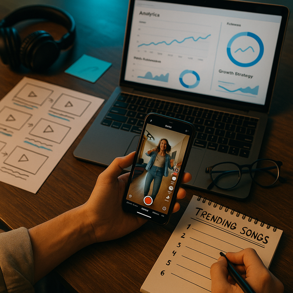 Phone screen showing TikTok trending songs and creator analytics for April 2026