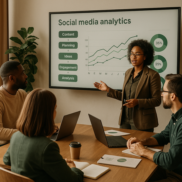 Dashboard view of social media analytics metrics and performance charts